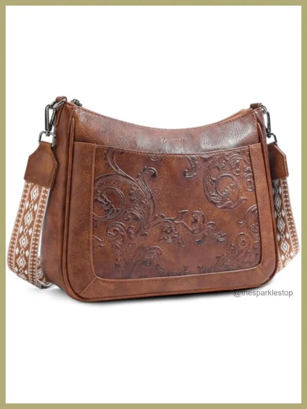 Vegan Leather Embossed Floral Crossbody Bag Detachable Strap